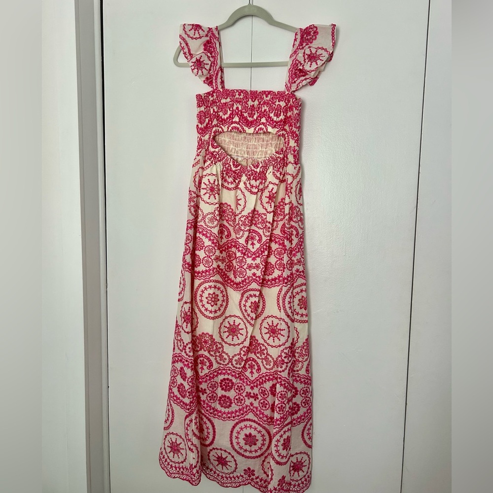 NWOT Sunday Up pink embroidered midi dress eyelet ruffle feminine cream smocked - Picture 6 of 6